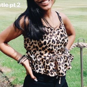 Tie front ruched cheetah print blouse
